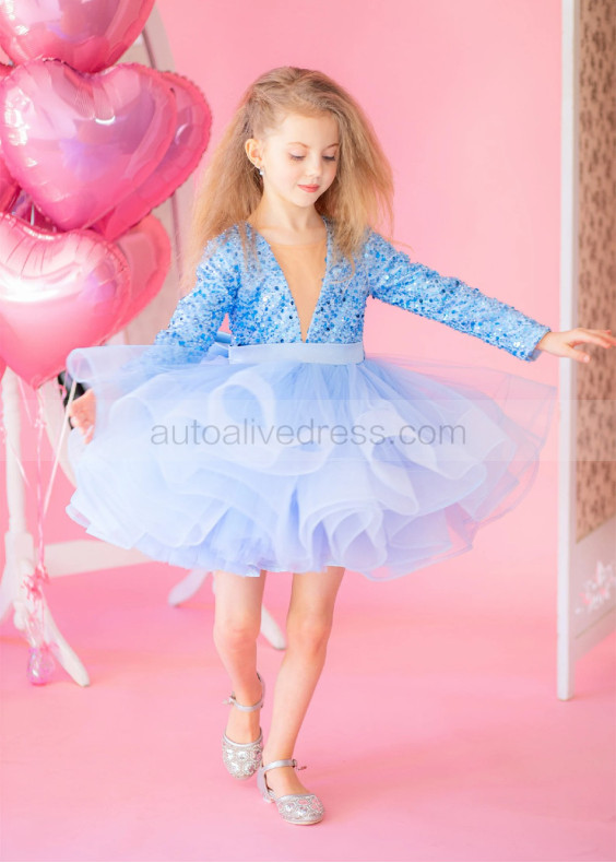 Long Sleeves Beaded Puffy Flower Girl Dress Long Sleeves Beaded Puffy Flower Girl Dress